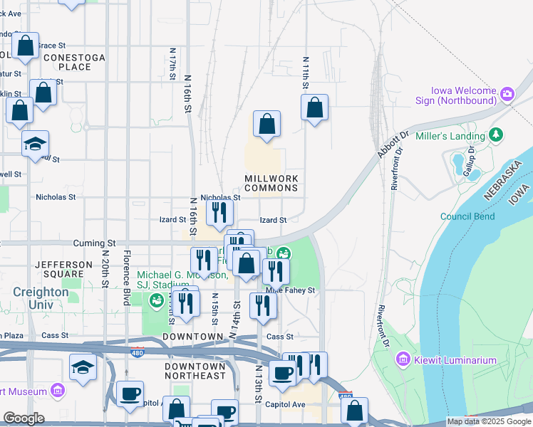 map of restaurants, bars, coffee shops, grocery stores, and more near 1224 Izard Street in Omaha