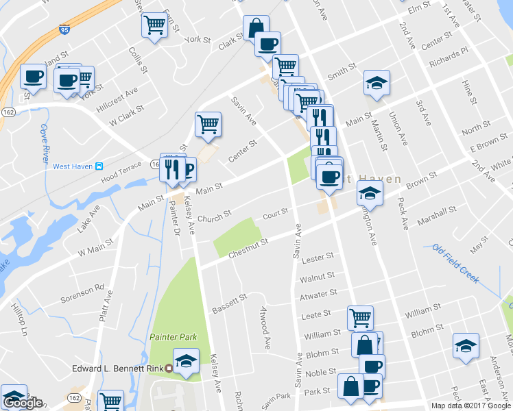 map of restaurants, bars, coffee shops, grocery stores, and more near 108 Church Street in West Haven