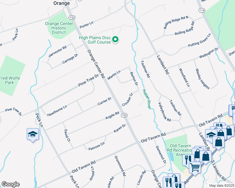 map of restaurants, bars, coffee shops, grocery stores, and more near 465 Orange Center Road in Orange