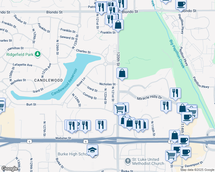 map of restaurants, bars, coffee shops, grocery stores, and more near 1023 North 122nd Street in Omaha