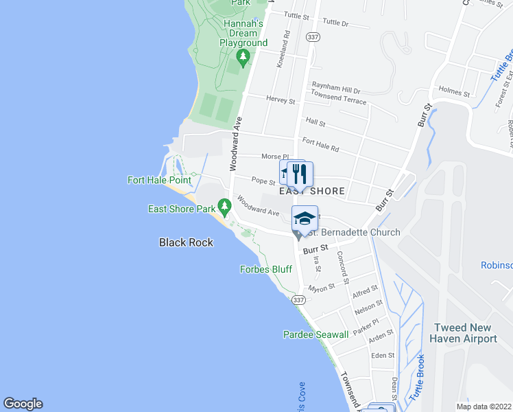 map of restaurants, bars, coffee shops, grocery stores, and more near 35 Pope Street in New Haven