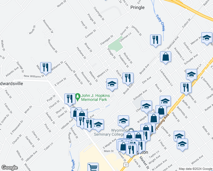 map of restaurants, bars, coffee shops, grocery stores, and more near 33 Pulaski Street in Kingston