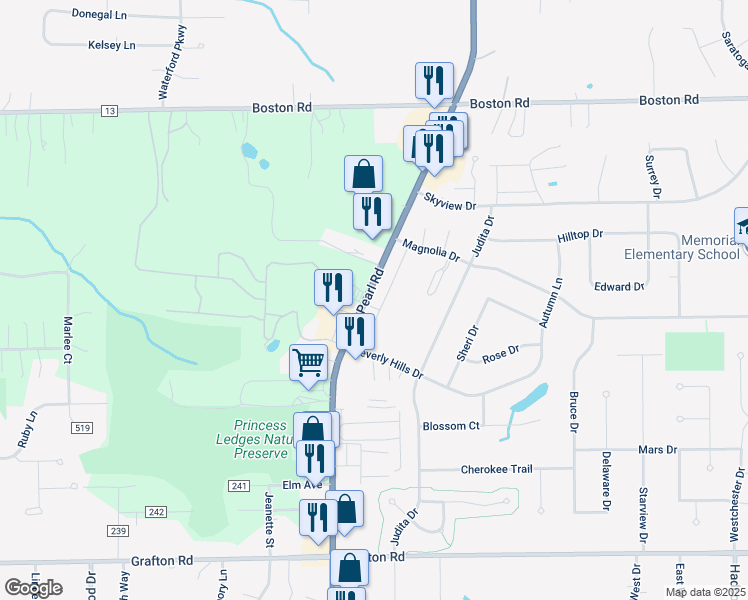 map of restaurants, bars, coffee shops, grocery stores, and more near 242 Pearl Road in Brunswick