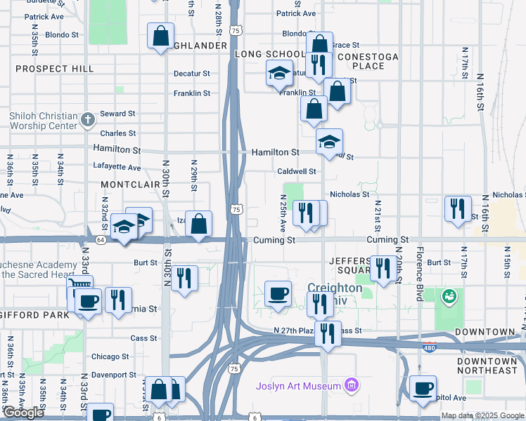 map of restaurants, bars, coffee shops, grocery stores, and more near 2569 Nicholas Court in Omaha