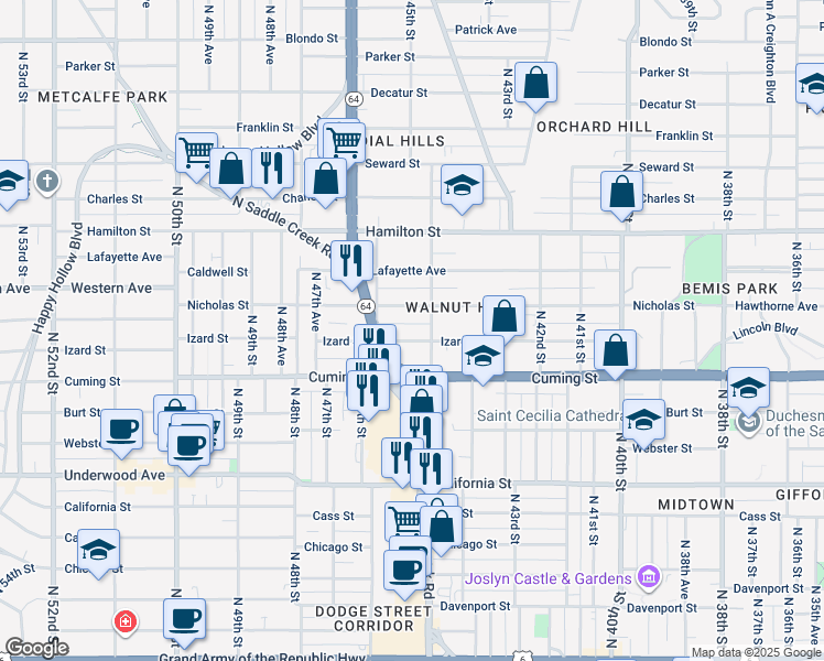 map of restaurants, bars, coffee shops, grocery stores, and more near 1012 North 45th Street in Omaha