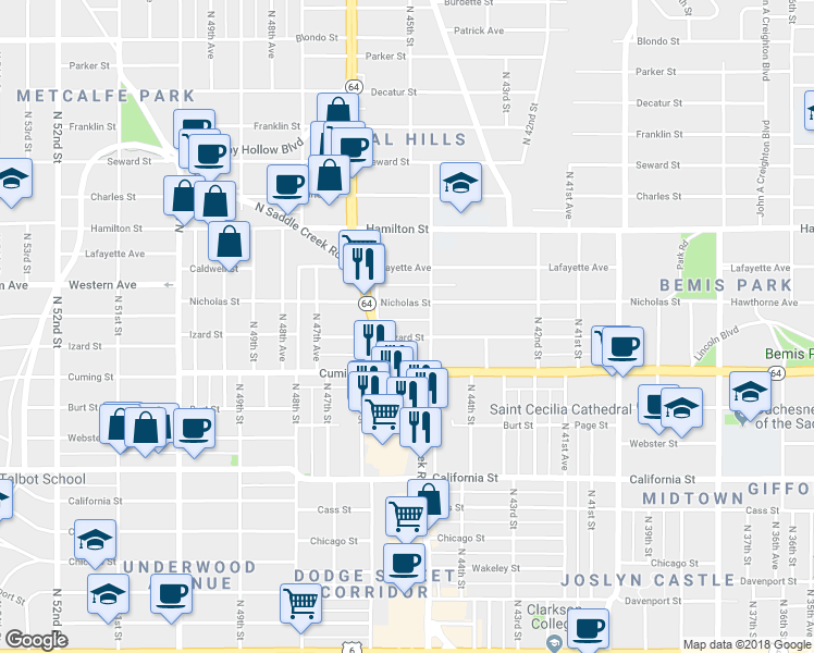 map of restaurants, bars, coffee shops, grocery stores, and more near 1021 North 46th Street in Omaha
