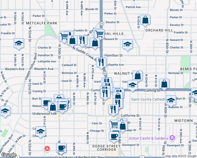 map of restaurants, bars, coffee shops, grocery stores, and more near 1020 Northwest Radial Highway in Omaha