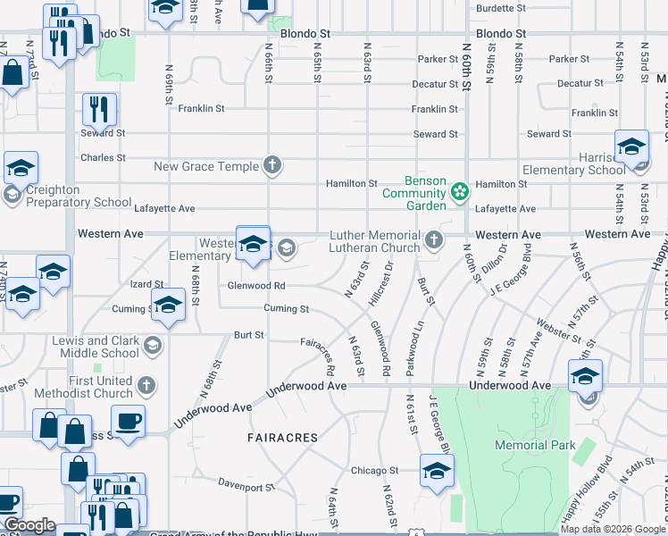 map of restaurants, bars, coffee shops, grocery stores, and more near 1017 North 64th Street in Omaha