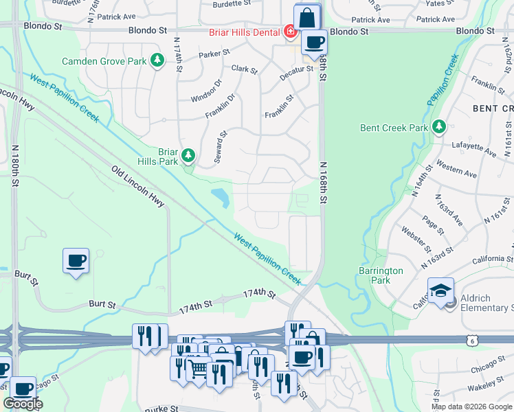 map of restaurants, bars, coffee shops, grocery stores, and more near 17066 Nicholas Street in Omaha