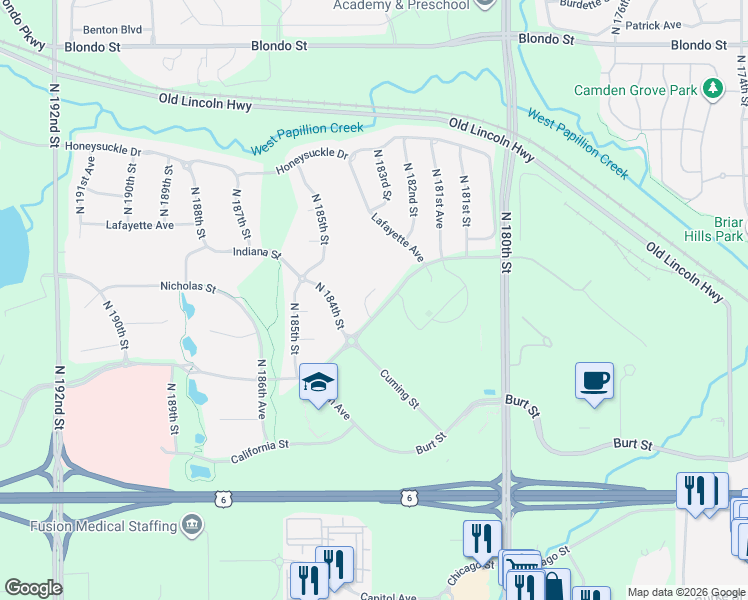 map of restaurants, bars, coffee shops, grocery stores, and more near 1022 North 183rd Circle in Omaha
