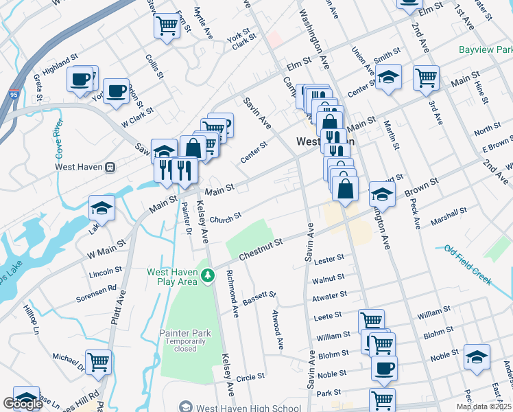 map of restaurants, bars, coffee shops, grocery stores, and more near 133 Church St in West Haven