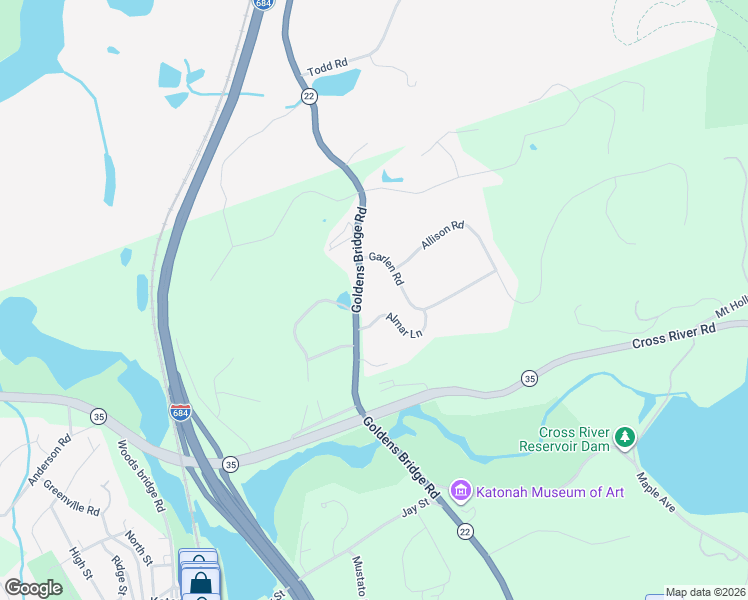 map of restaurants, bars, coffee shops, grocery stores, and more near 105 Goldens Bridge Road in Katonah