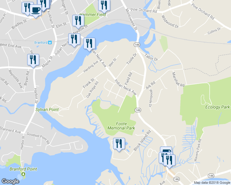 map of restaurants, bars, coffee shops, grocery stores, and more near 9 Woodlawn Avenue in Branford