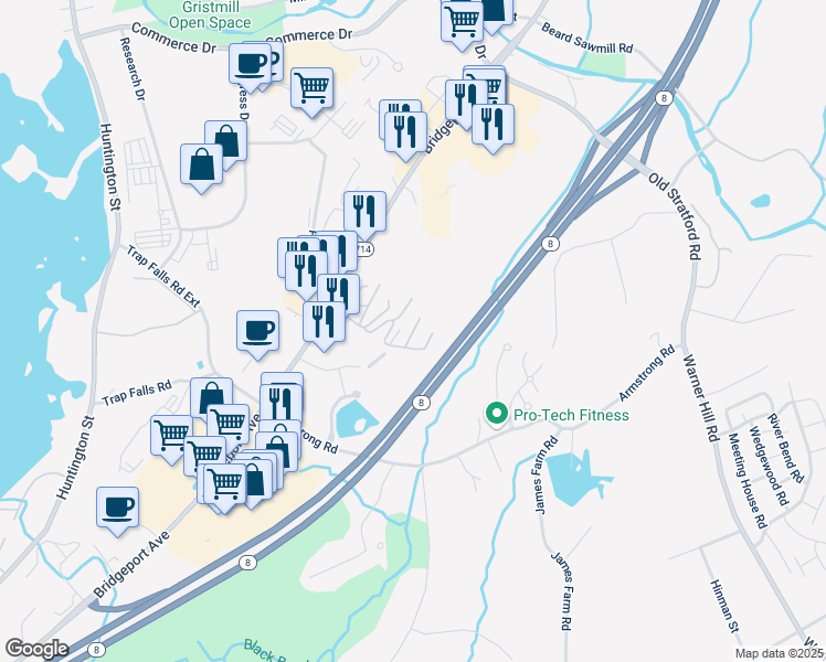 map of restaurants, bars, coffee shops, grocery stores, and more near 46 Hemlock Drive in Shelton