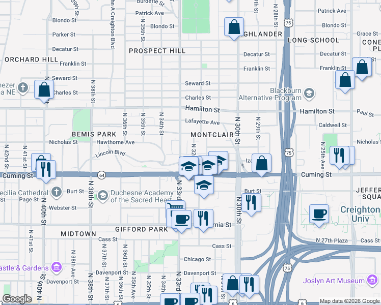 map of restaurants, bars, coffee shops, grocery stores, and more near 1017 North 33rd Street in Omaha