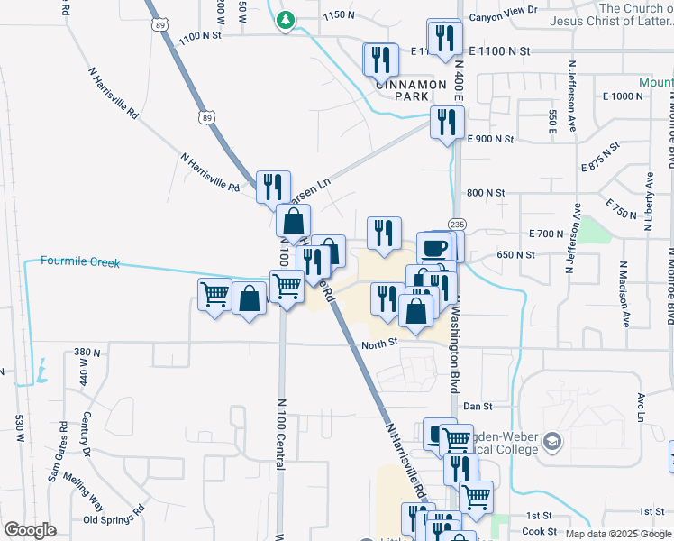 map of restaurants, bars, coffee shops, grocery stores, and more near 602 N Harrisville Rd in Ogden