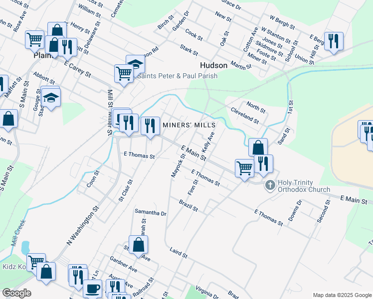 map of restaurants, bars, coffee shops, grocery stores, and more near 178 E Main St in Wilkes-Barre