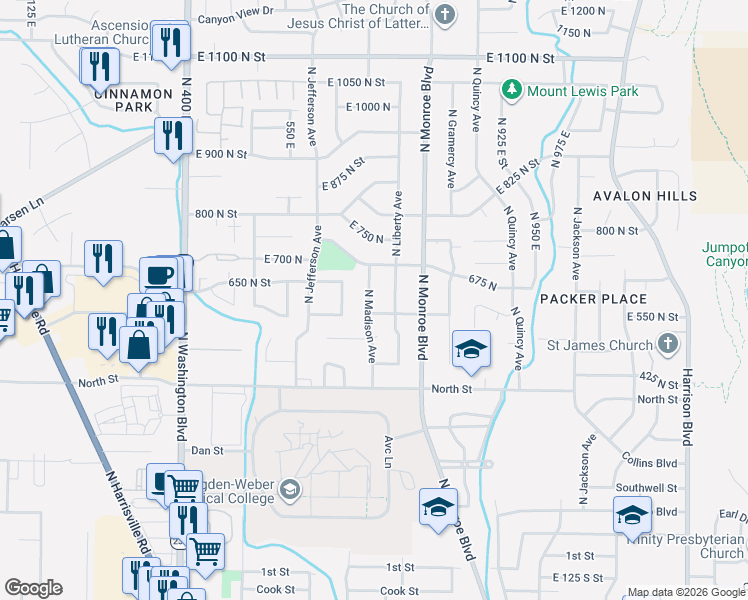map of restaurants, bars, coffee shops, grocery stores, and more near 568 North Madison Avenue in Ogden