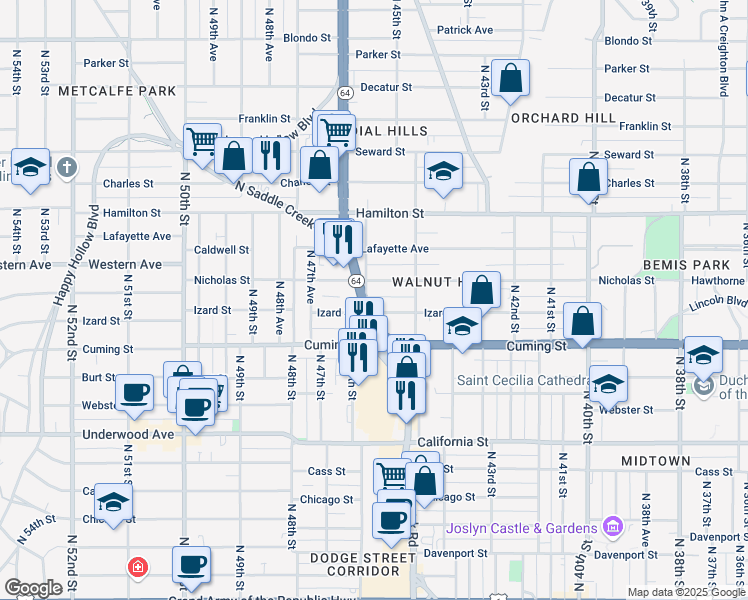 map of restaurants, bars, coffee shops, grocery stores, and more near 1021 North 46th Street in Omaha