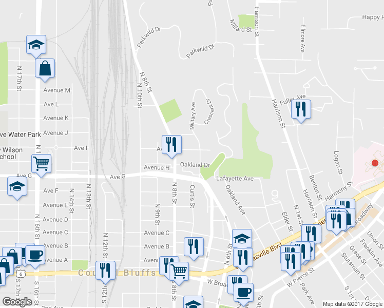 map of restaurants, bars, coffee shops, grocery stores, and more near 615 Roosevelt Avenue in Council Bluffs