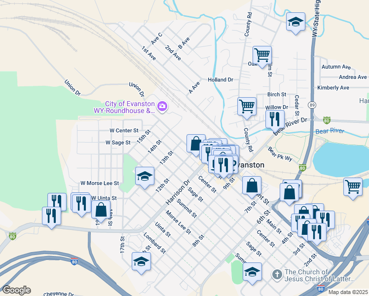 map of restaurants, bars, coffee shops, grocery stores, and more near in Evanston