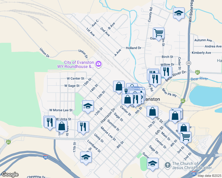 map of restaurants, bars, coffee shops, grocery stores, and more near in Evanston