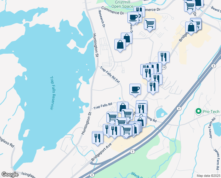 map of restaurants, bars, coffee shops, grocery stores, and more near 86 Heather Ridge in Shelton