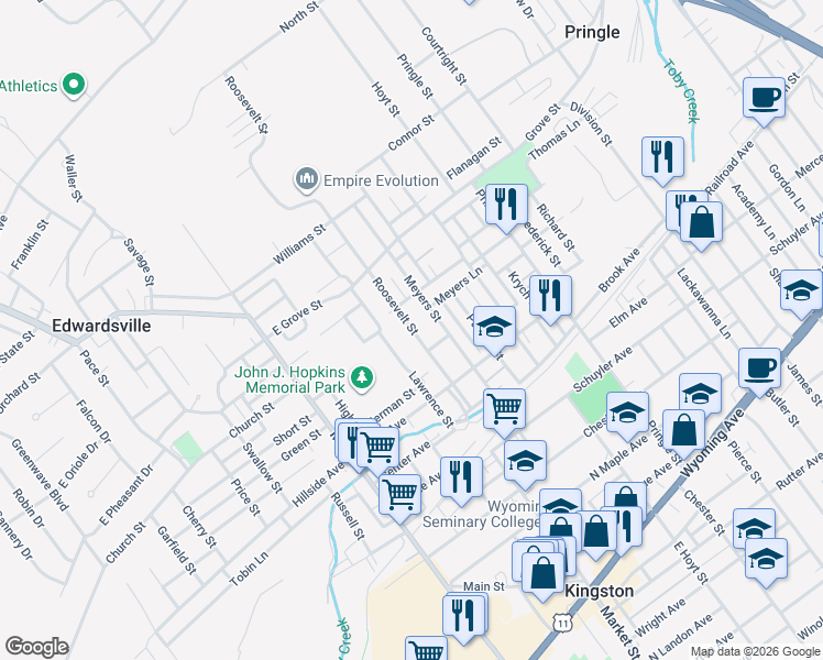 map of restaurants, bars, coffee shops, grocery stores, and more near 138 Roosevelt Street in Kingston