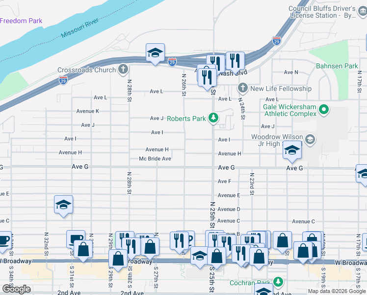 map of restaurants, bars, coffee shops, grocery stores, and more near 2600 Avenue H in Council Bluffs