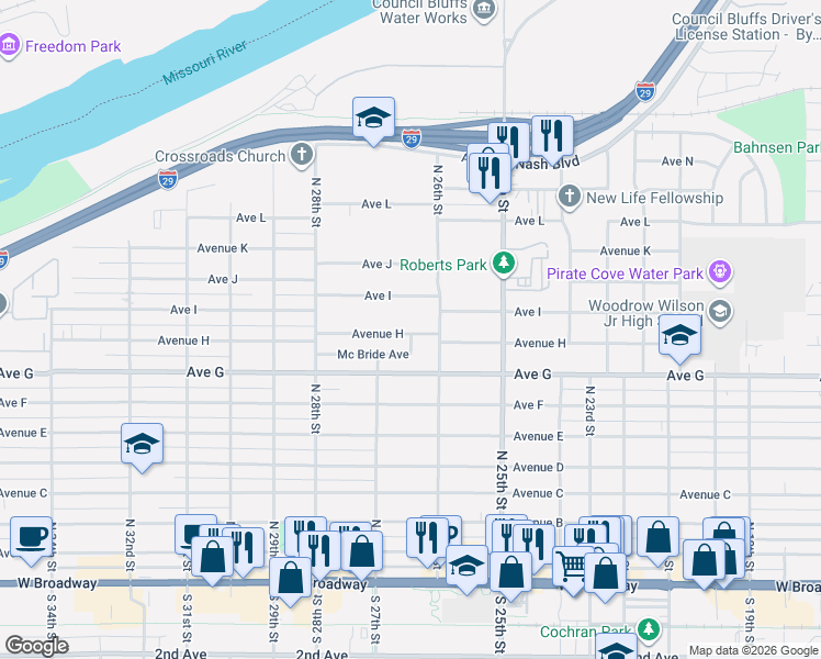 map of restaurants, bars, coffee shops, grocery stores, and more near 2630 Avenue H in Council Bluffs