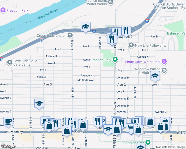 map of restaurants, bars, coffee shops, grocery stores, and more near 2630 Avenue H in Council Bluffs
