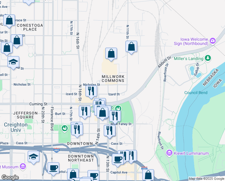 map of restaurants, bars, coffee shops, grocery stores, and more near in Omaha