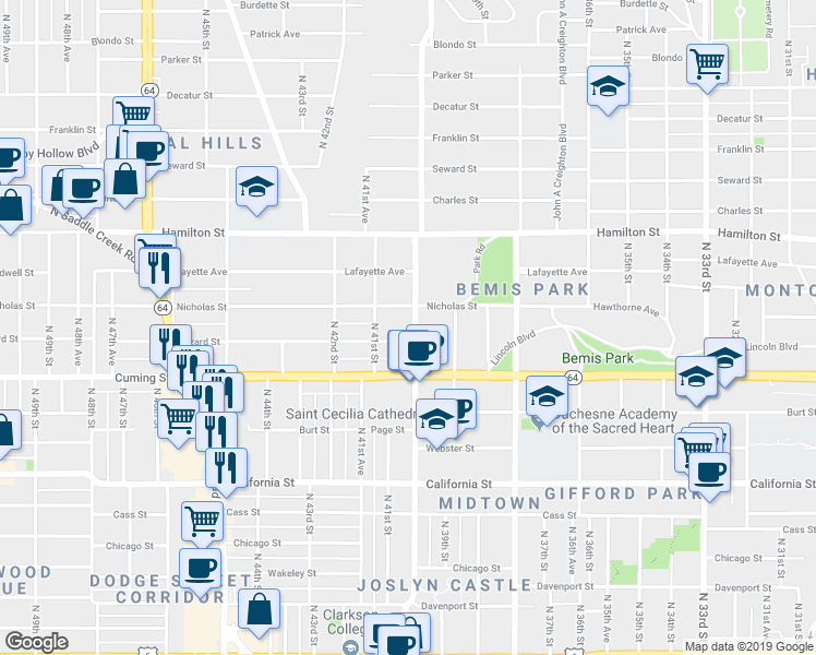 map of restaurants, bars, coffee shops, grocery stores, and more near 1003 North 40th Street in Omaha