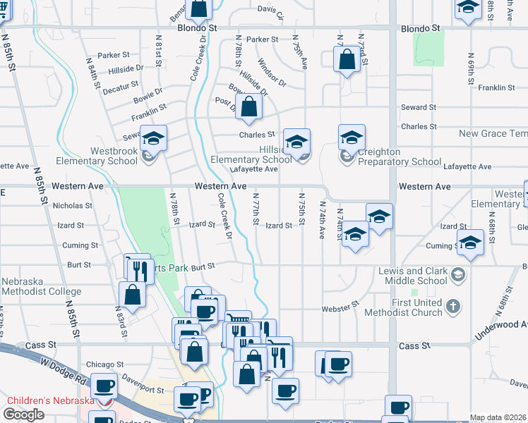 map of restaurants, bars, coffee shops, grocery stores, and more near 1017 North 77th Street in Omaha