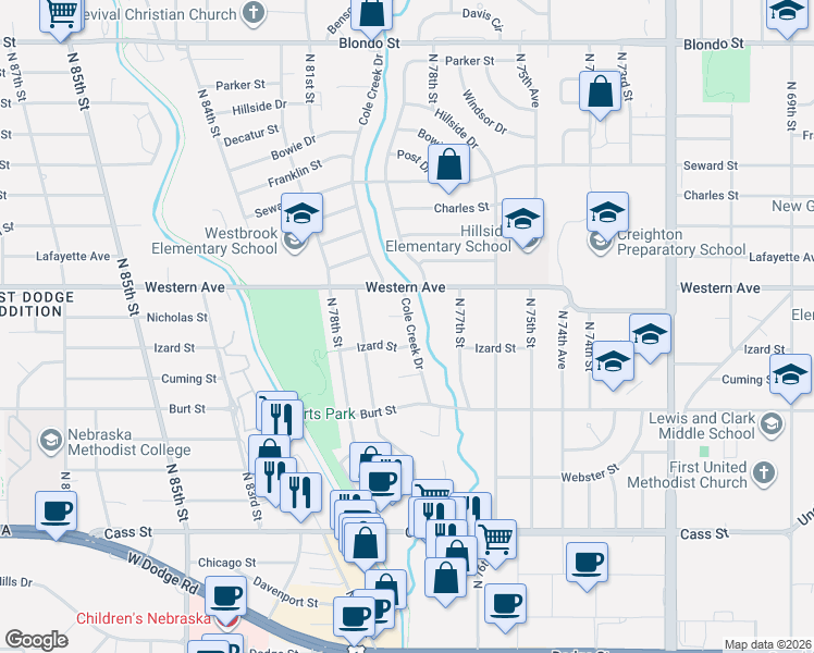 map of restaurants, bars, coffee shops, grocery stores, and more near 1020 Cole Creek Drive in Omaha