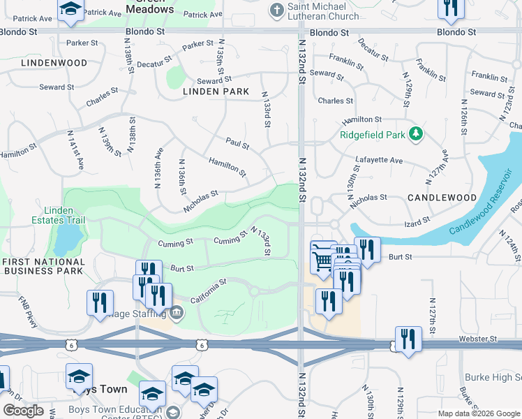map of restaurants, bars, coffee shops, grocery stores, and more near 13270 Cuming Street in Omaha