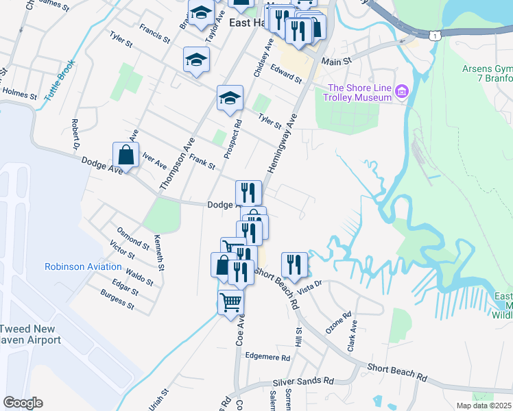 map of restaurants, bars, coffee shops, grocery stores, and more near Hemingway Ave & Dodge Ave in East Haven