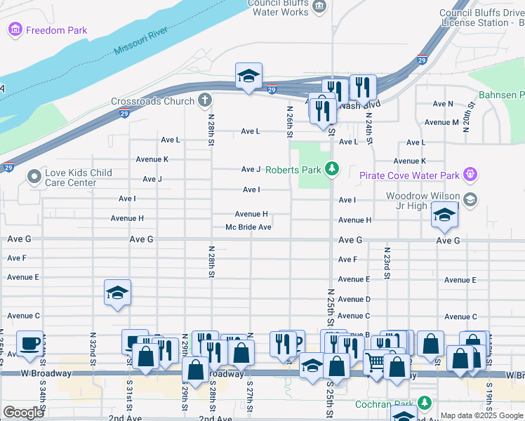 map of restaurants, bars, coffee shops, grocery stores, and more near 2630 Avenue H in Council Bluffs