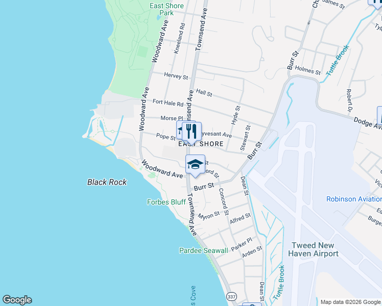 map of restaurants, bars, coffee shops, grocery stores, and more near 480 Townsend Avenue in New Haven