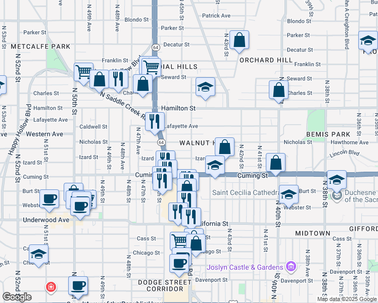 map of restaurants, bars, coffee shops, grocery stores, and more near 1012 North 45th Street in Omaha