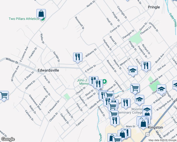 map of restaurants, bars, coffee shops, grocery stores, and more near 29-31 West Grove Street in Edwardsville