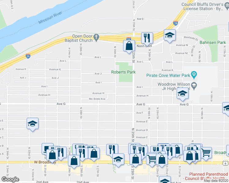 map of restaurants, bars, coffee shops, grocery stores, and more near 2600 Avenue H in Council Bluffs