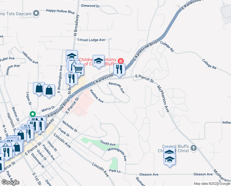 map of restaurants, bars, coffee shops, grocery stores, and more near 405 Kenmore Avenue in Council Bluffs
