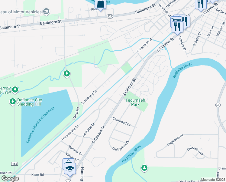 map of restaurants, bars, coffee shops, grocery stores, and more near 1474 Terrawenda Drive in Defiance