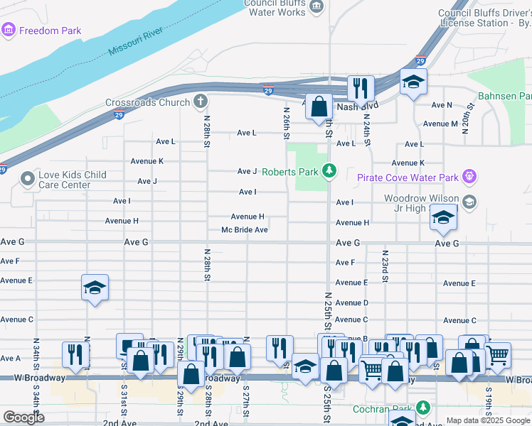 map of restaurants, bars, coffee shops, grocery stores, and more near 2630 Avenue H in Council Bluffs