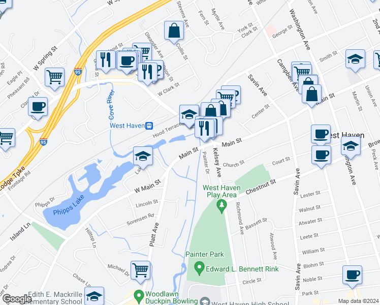 map of restaurants, bars, coffee shops, grocery stores, and more near 580 Connecticut 162 in West Haven