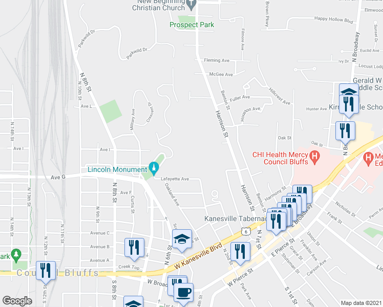 map of restaurants, bars, coffee shops, grocery stores, and more near in Council Bluffs