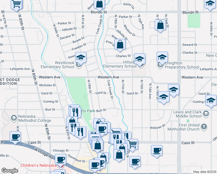 map of restaurants, bars, coffee shops, grocery stores, and more near 1020 Cole Creek Drive in Omaha