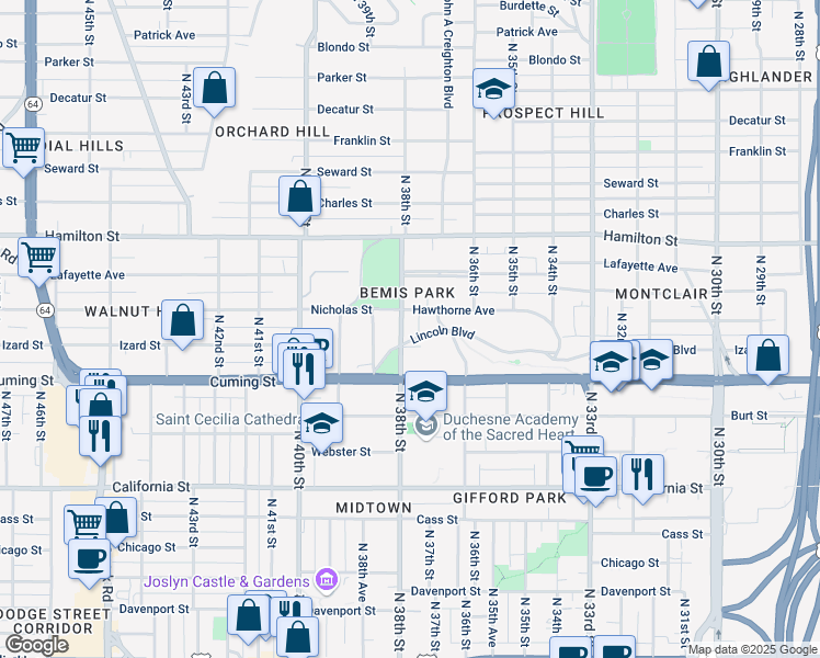 map of restaurants, bars, coffee shops, grocery stores, and more near 3724 Lincoln Boulevard in Omaha