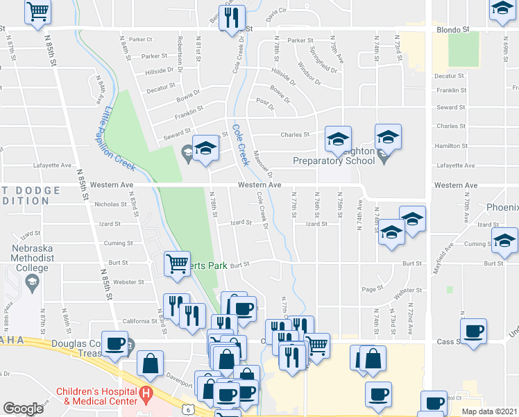 map of restaurants, bars, coffee shops, grocery stores, and more near 1020 Cole Creek Drive in Omaha
